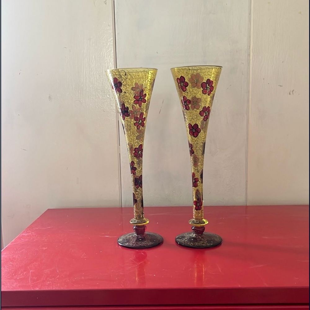 Murano Hand-Painted Gold Floral Champagne Flutes - Set of 2